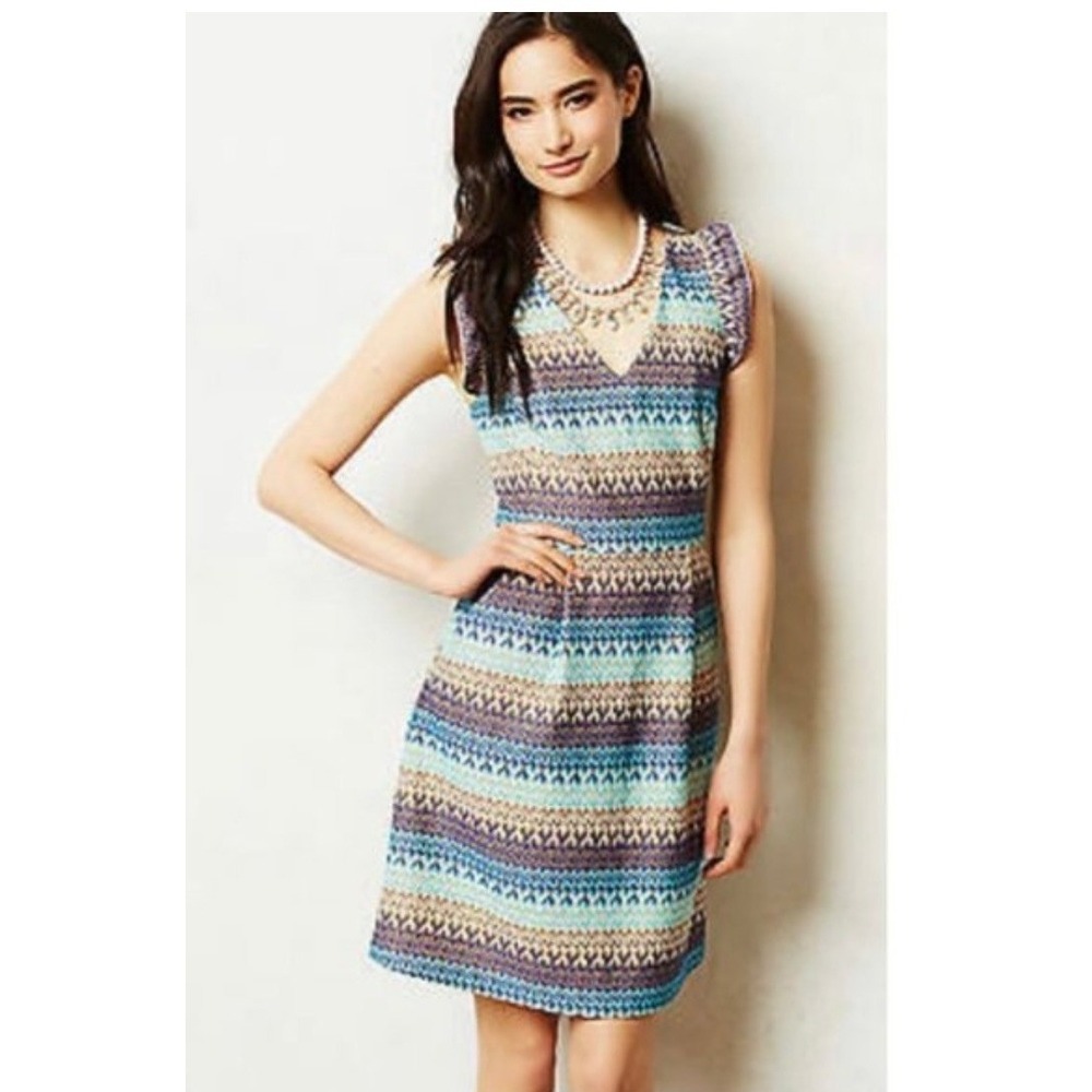 Tabitha Anthropologie Lace Sheath Dress Womens 4 Blue Gold Ruffle Sleeve